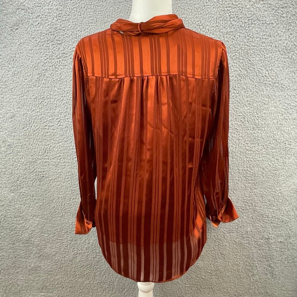 Chicos Blouse Womens Medium Bow Shadow Stripe Top Satin Terracotta Rust Sz 1 NWT - Picture 7 of 13